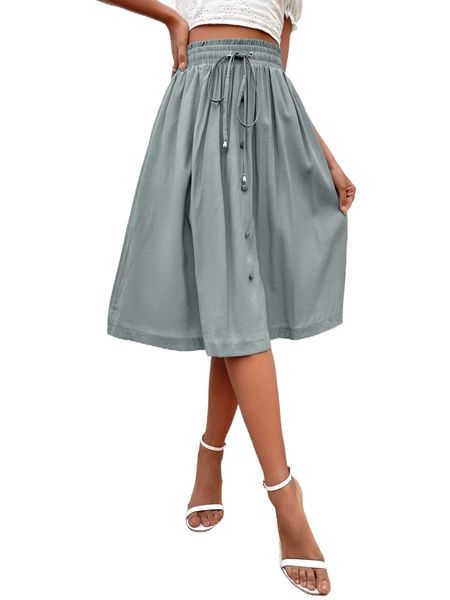 

drawstring paper bag waist fake button skirt t8im#, Black