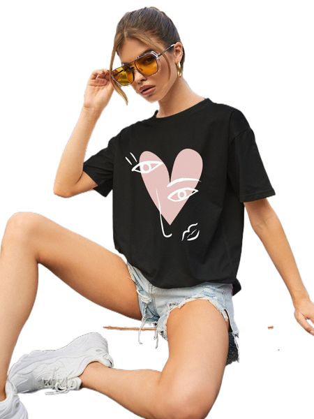 

figure & heart print drop shoulder tee m1f2#, White