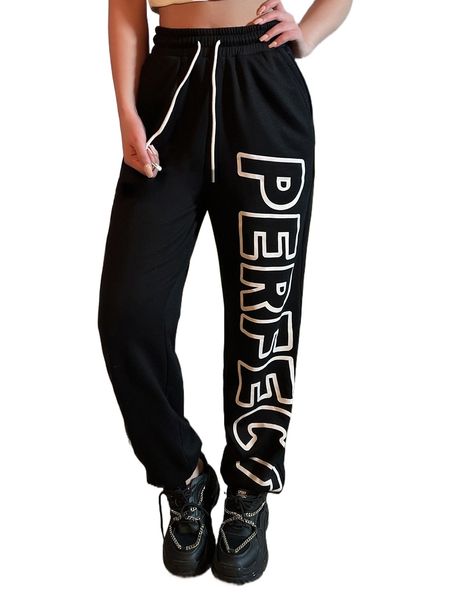 

meysi kim drawstring waist letter graphic joggers q82e#, Black;white