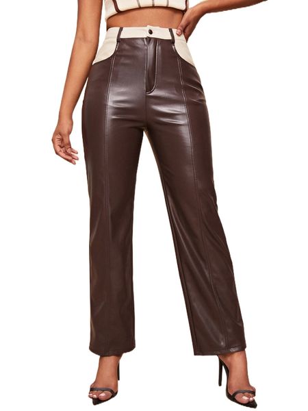 

high waist slant pocket pu leather pants a4km#, Black;white