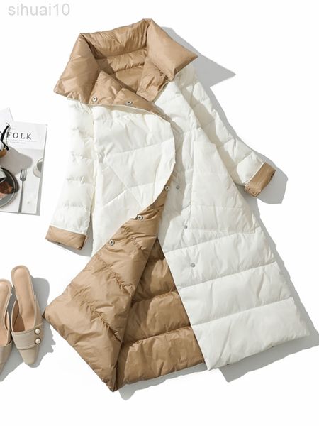 

fitaylor 2022 winter women turtleneck white duck down coat double breasted warm parkas double sided down long jacket l220730, Black