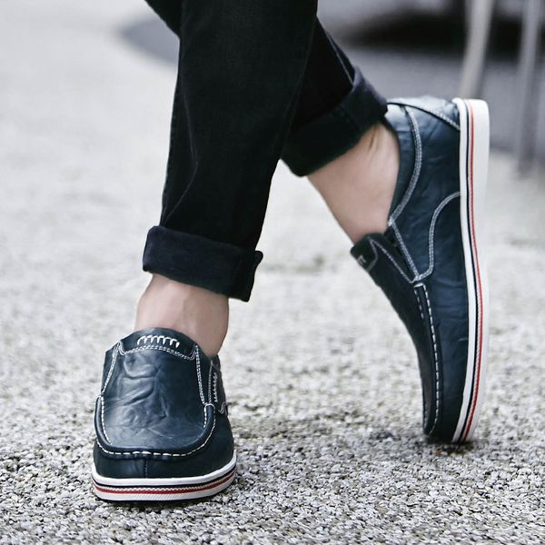 

men leather boat shoes casual flats moccasins homme driving loafers shoes slip on breathable moccasins hand sewing men shoes, Black