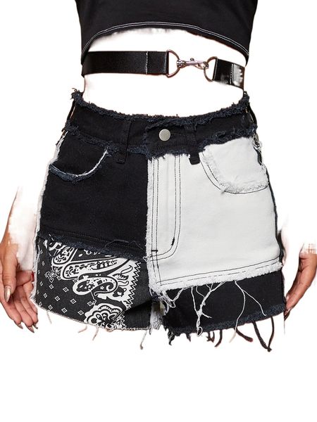 

raw edge colorblock denim shorts 96y0#, White;black