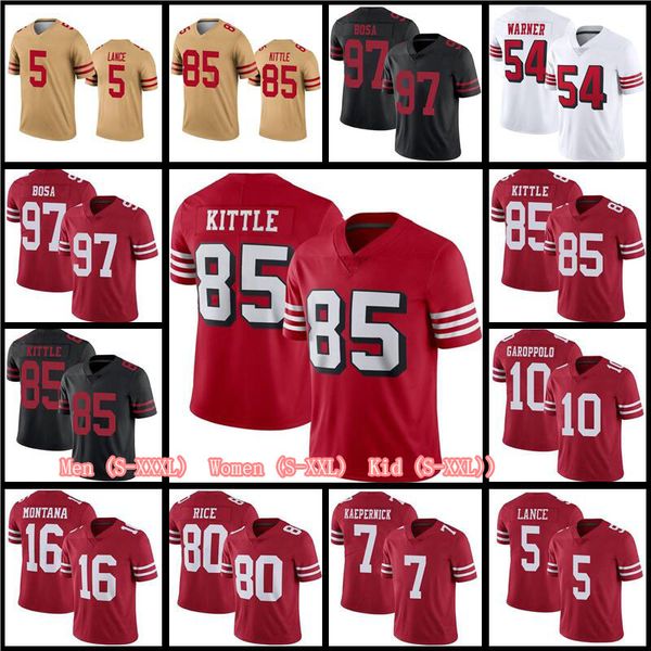 

85 george kittle 5 trey lance 19 deebo samuel 97 nick bosa football jerseys 54 fred warner 11 brandon aiyuk 49ers''jerry rice kinl, Black;red