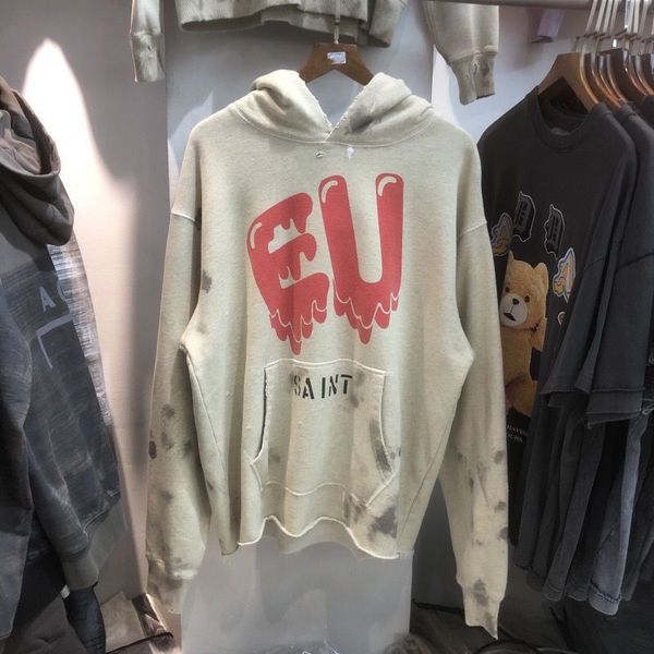 

2022 spring summer men women hoodie high street broke hole old washed velvet loose os style hoodies saint eu, Black