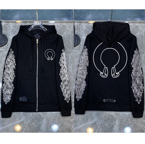 

mens fashion loose sweatshirts classic brand ch designer hoodie horseshoe sanskrit print luxury zipper jacket pullover hooded coat women sw, Black