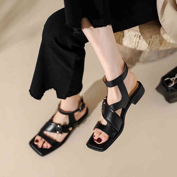 

sandals summer roman sandals women's square head niche peep toe solid color dark locomotive hollow out cow leather shoes vs7g, Black