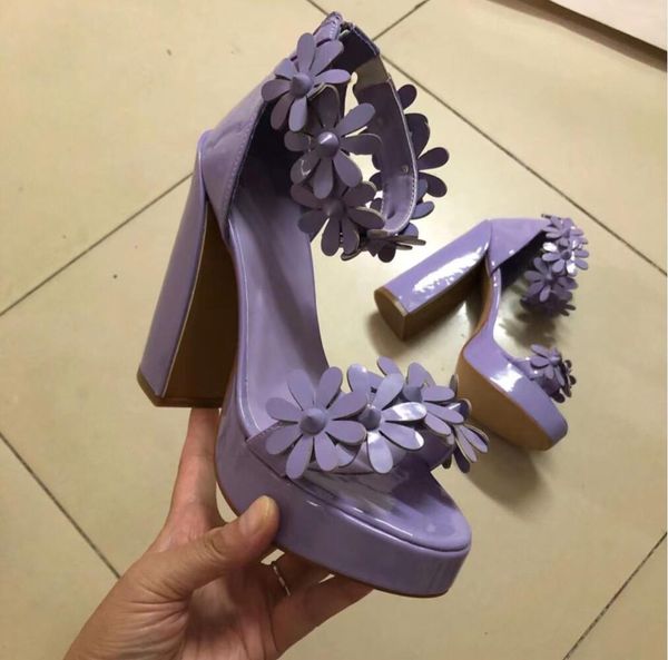 New Women Platform Sandals Summer Light Purple High Heels Sapatos de festa Lavanda Flores