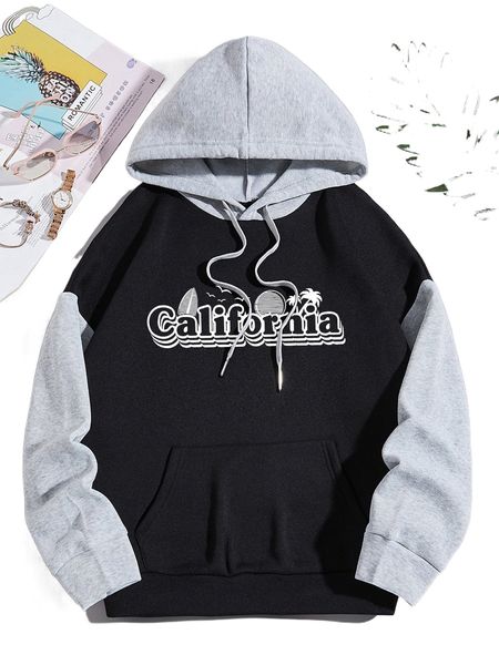 

two tone letter graphic kangaroo pocket drawstring hoodie h6xn#, Black