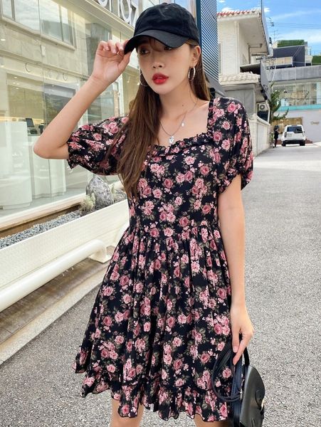 

dazy floral print sweetheart neck puff sleeve ruffle hem dress y1xo#, Black;gray