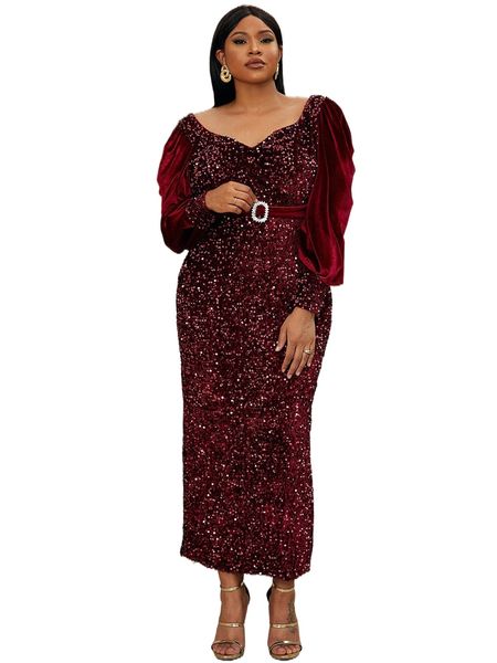 

seomiscky plus sweetheart neck bishop sleeve self belted sequins dress j8ky#, Black