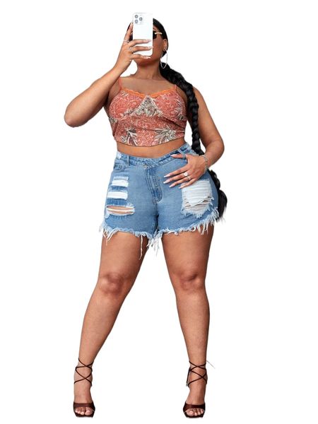

plus ripped raw hem slant pockets denim shorts q9cn#, White;black