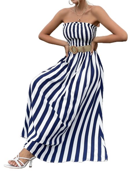 

striped shirred frilled tube dress without belt z7rn#, Black;gray