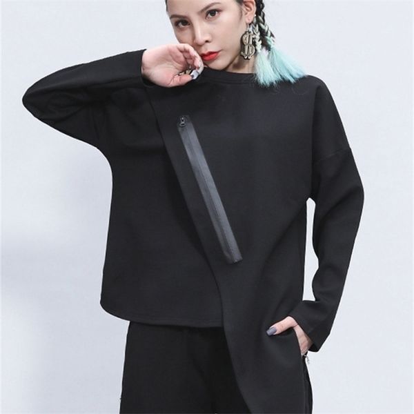 

[eam] women black zipper irregular stitch big size t-shirt round neck long sleeve fashion spring autumn 1z348 220401, White