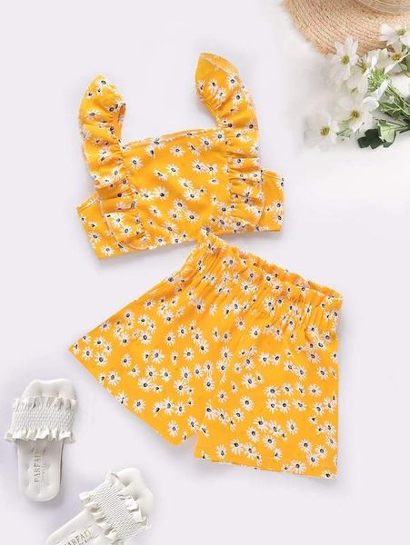 

girls floral print ruffle trim crop cami & paperbag waist shorts she, White