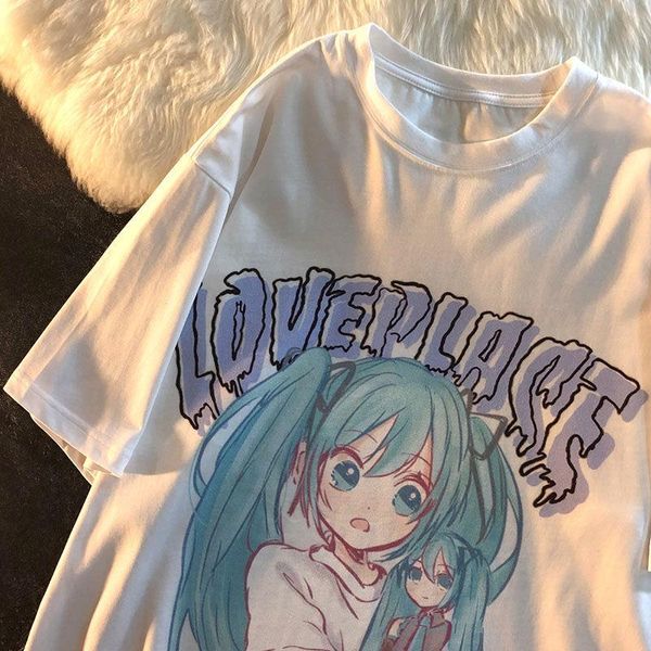 

women's t-shirt harajuku two-dimensional anime middle two print short-sleeved o-neck summer women niche fashionwomen's, White