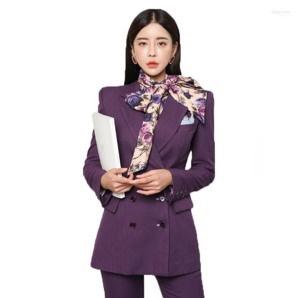 Ternos femininos Blazers Office Women Define temperamento Terno de negócios duplo Bush Business Slim Fit Pants Set de duas peças Conjunto