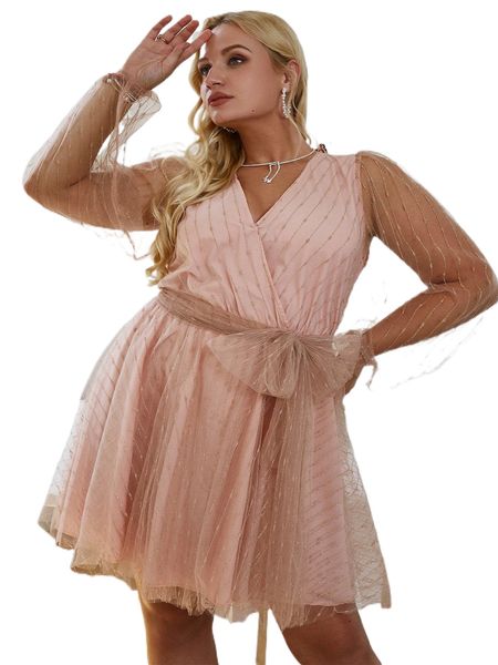 

simplee plus lantern sleeve belted mesh dress e1fa#, Black