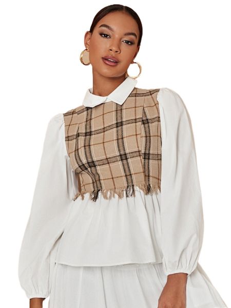 

plaid panel raw trim 2 in 1 blouse z2vw#, White