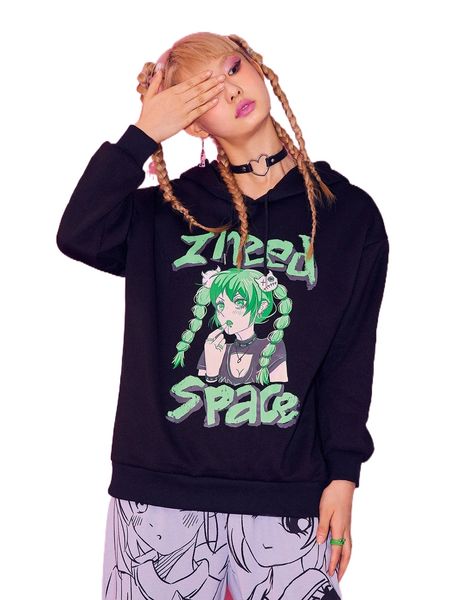 

romwe slogan figure graphic drawstring hoodie l4y4#, Black