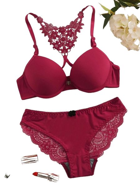 

floral lace cut-out crochet underwire lingerie set t6tq#, Black;red