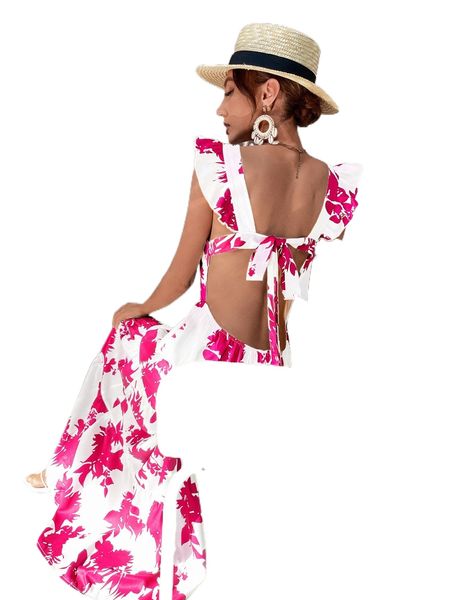 

butterfly sleeve ruffle hem allover floral dress n2s0#, Black;gray