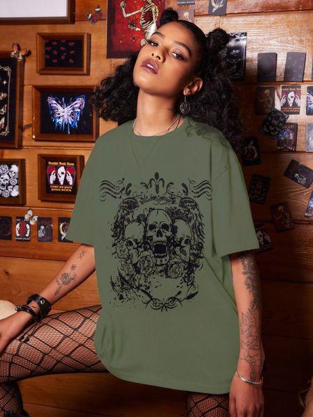 

romwe skull & floral print tee 24r0#, White