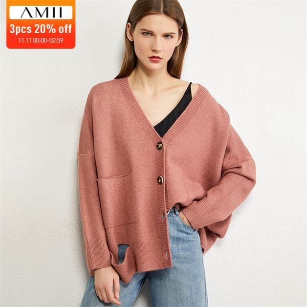 

amii minimalism autumn women's cardigan fashion solid hole design single-breasted loose women's sweater female cardigan 12040481 l, White;black