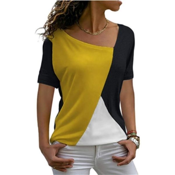 

summer casual women t shirts short sleeve fashion patchwork slim irregular diagonal collar ladies clothes long shirt 220514, White