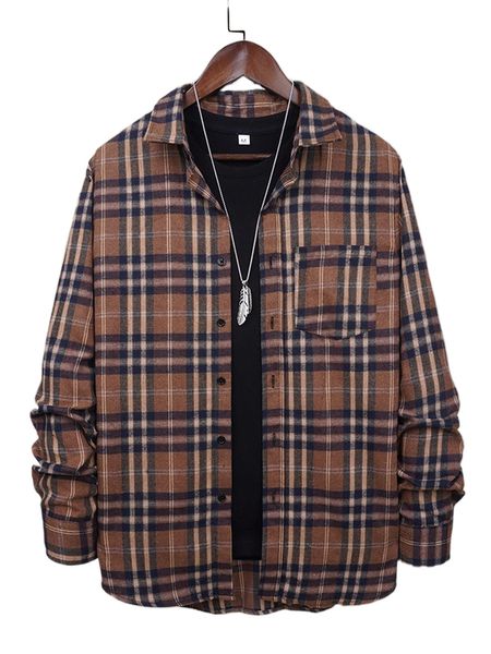 

men 1pc plaid print pocket patched coat w3m2#, Black;brown