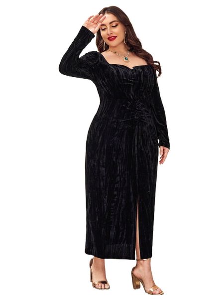 

plus ruched detail slit hem velvet dress u2ag#, Black