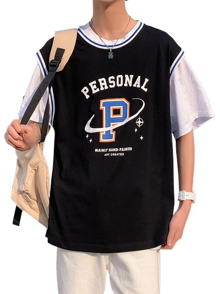 

men letter graphic contrast trim tank without tee d1jg#, White;black