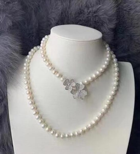

hand knotted natural 85cm 7-8mm white freshwater pearl micro inlay zircon butterfly accessories necklace sweater chain, Silver
