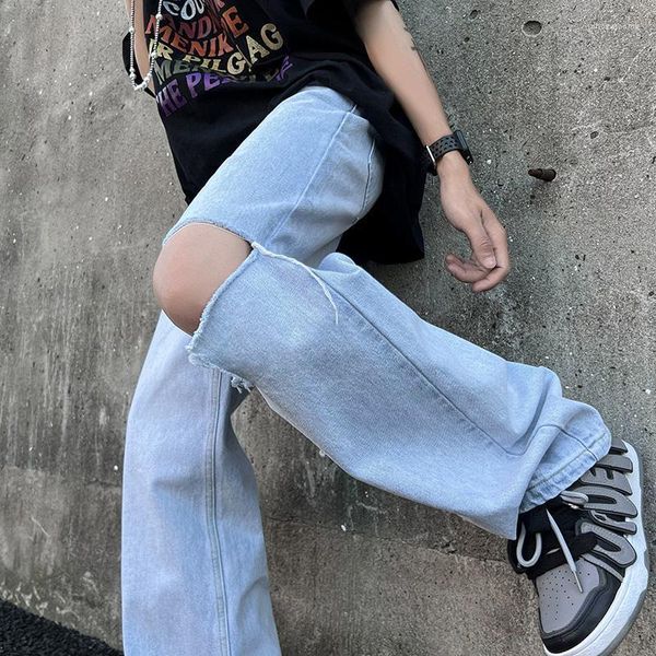 

mens jeans plus size 5xlm summer fashion hole wide leg pants men clothing mid waist straight denim trousers streetwear salemens, Blue