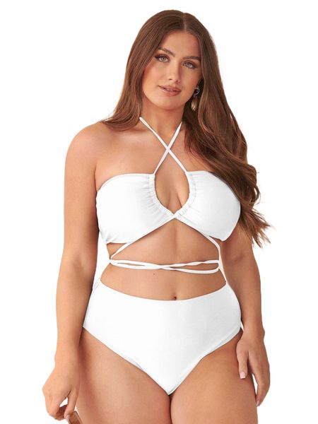 

plus plain lace up halter bikini swimsuit w0aa#, White;black