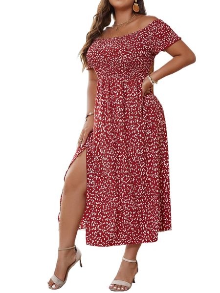 

plus all over print split hem off the shoulder dress d5bd#, Black