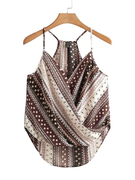 

plus ditsy floral print wrap draped high low cami s92u#, Black