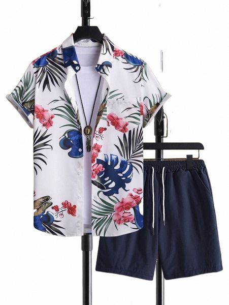 

men tropical print shirt & drawstring waist shorts without tee v1ve#, Gray
