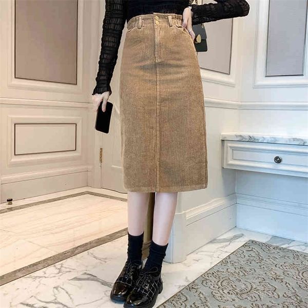 

jxmyy autumn and winter corduroy skirt women's slit mid-length skirt high waist a-line thin one step skirt 210412, Black