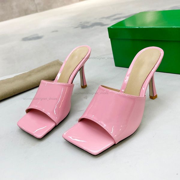 Été Femme Sandale Designer Pantoufles En Cuir Verni Sexy Talons Hauts Chaussures De Banquet Diapositives Luxueuses Rose Sliders Lady Chaussures Habillées Avec Boîte