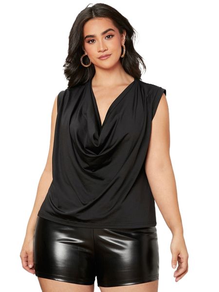 

plus draped collar tank l1cu#, Black