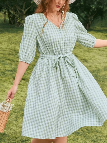 

plus gingham print puff sleeve belted dress e5g1#, Black