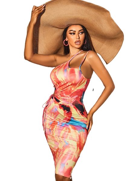 

sxy tie dye one shoulder cut out knot side dress 11eg#, Black;gray