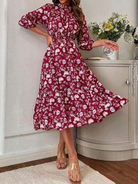 

allover floral print frill neck lantern sleeve ruffle hem dress 911n#, Black;gray