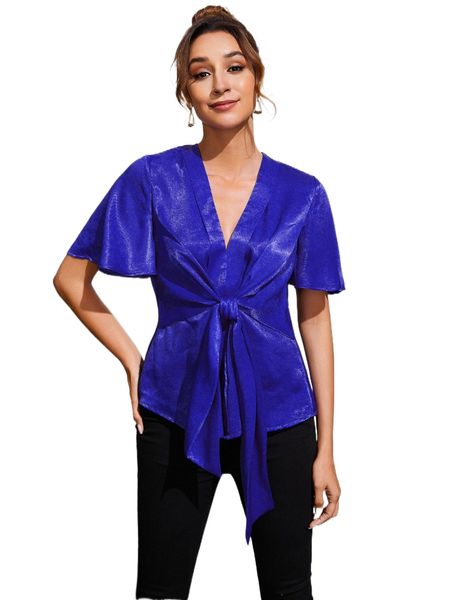 

flutter sleeve knot front blouse n8fm#, White