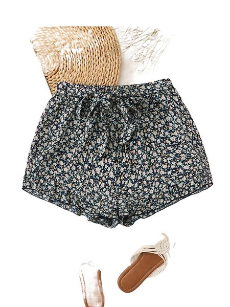 

ditsy floral print knot front shorts v80c#, White;black