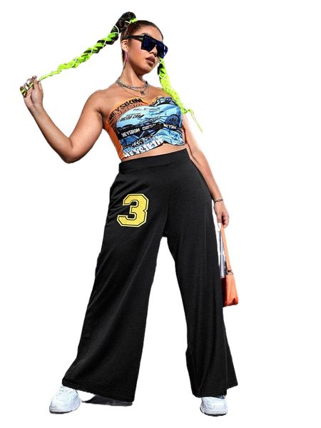 

plus letter graphic wide leg pants j7u4#, Black