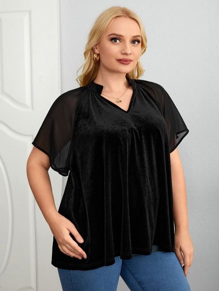 

plus contrast mesh notched neck velvet tee r74a#, Black