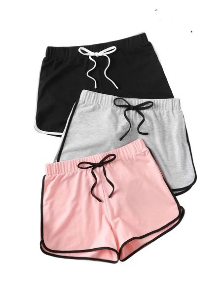 

3pcs knot waist contrast binding shorts e5np#, White;black