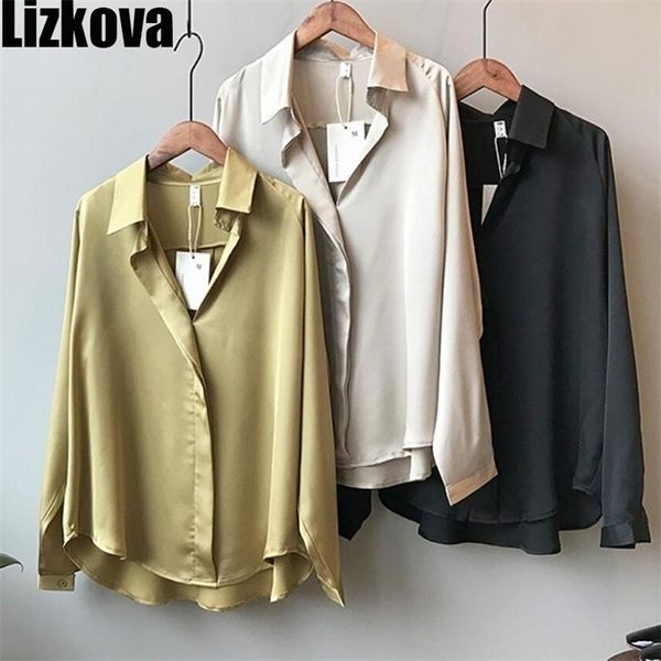 Lizkova cetim blusa mulheres coreanas mangas compridas v-pescoço camisas macias primavera elegante imitação de seda tops 220402